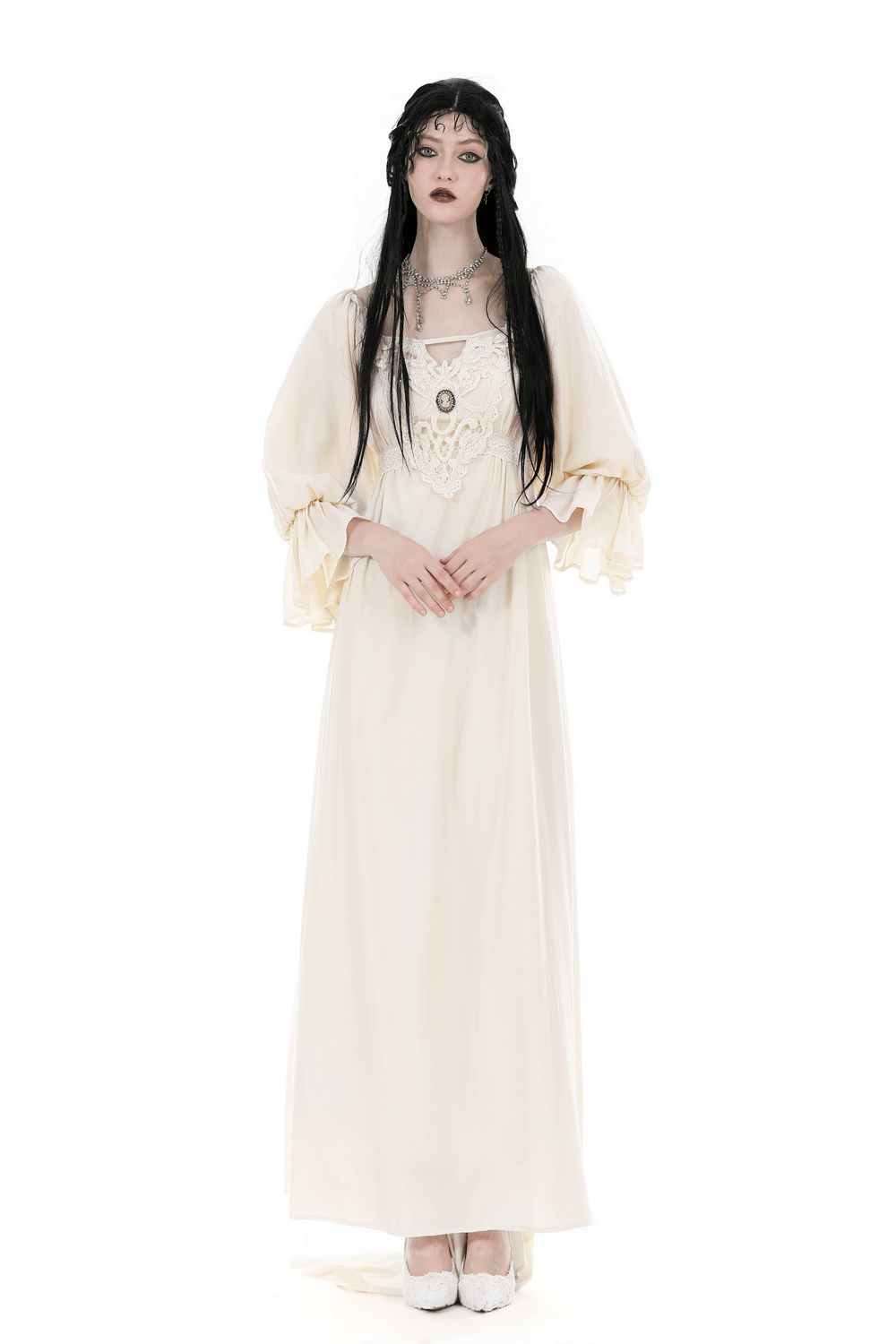Elegant vintage long sleeve maxi dress with lace detail, perfect for romantic occasions.