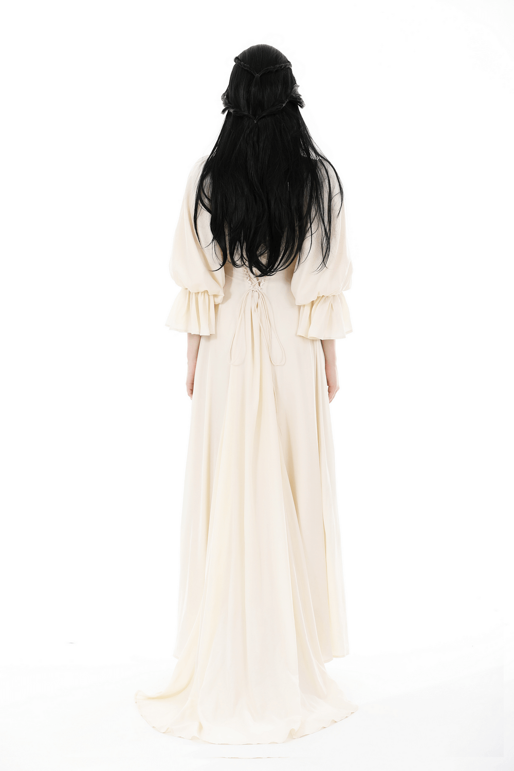 Back view of an elegant vintage ivory maxi dress with lace detail and long sleeves, perfect for romantic occasions.