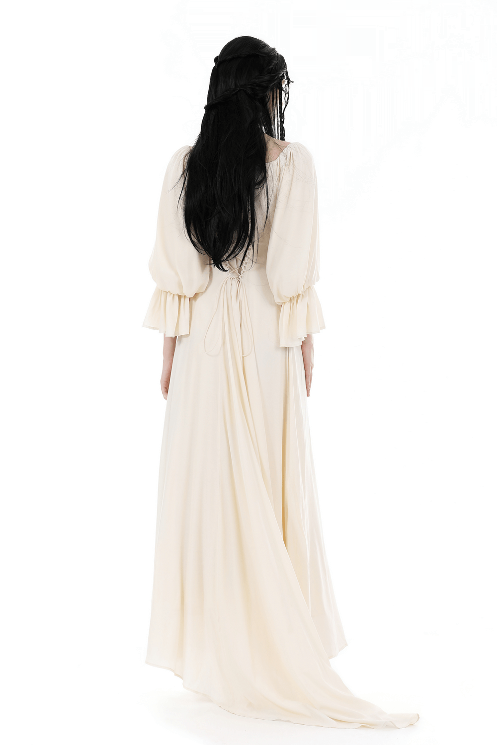 Elegant vintage maxi dress with lace detail and long sleeves, perfect for romantic occasions in a soft ivory hue.