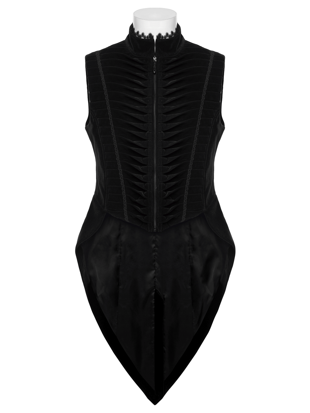 Elegant Waistcoat with Tailcoat Hem and Structured Pleats displayed on a mannequin.