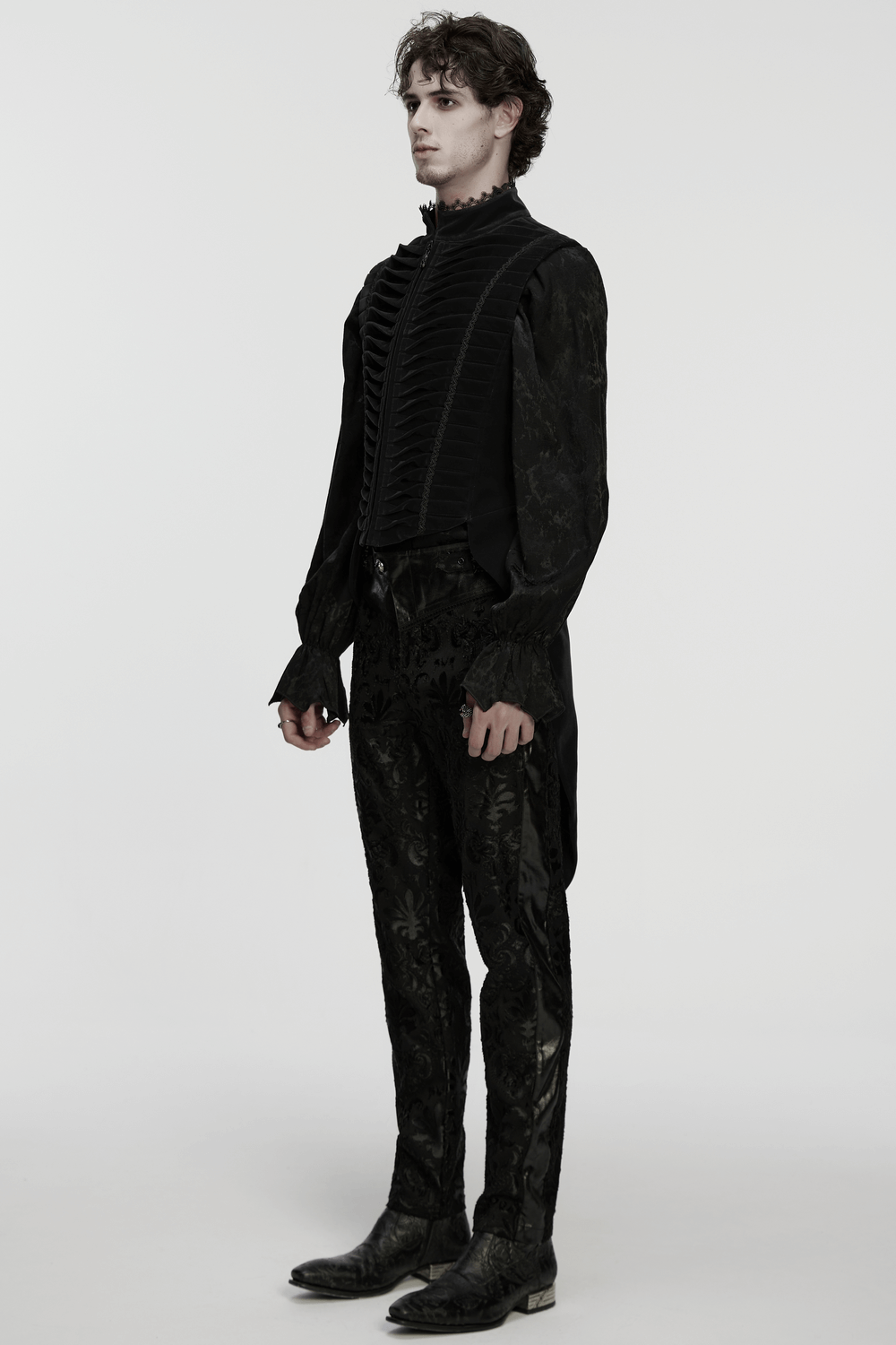 Elegant Waistcoat with Tailcoat Hem and Structured Pleats worn by a model in a stylish pose.