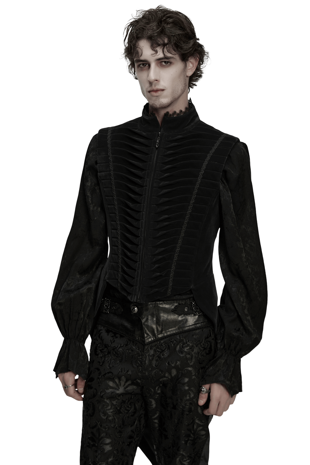 Elegant Waistcoat with Tailcoat Hem and Structured Pleats worn by a model in a stylish pose.