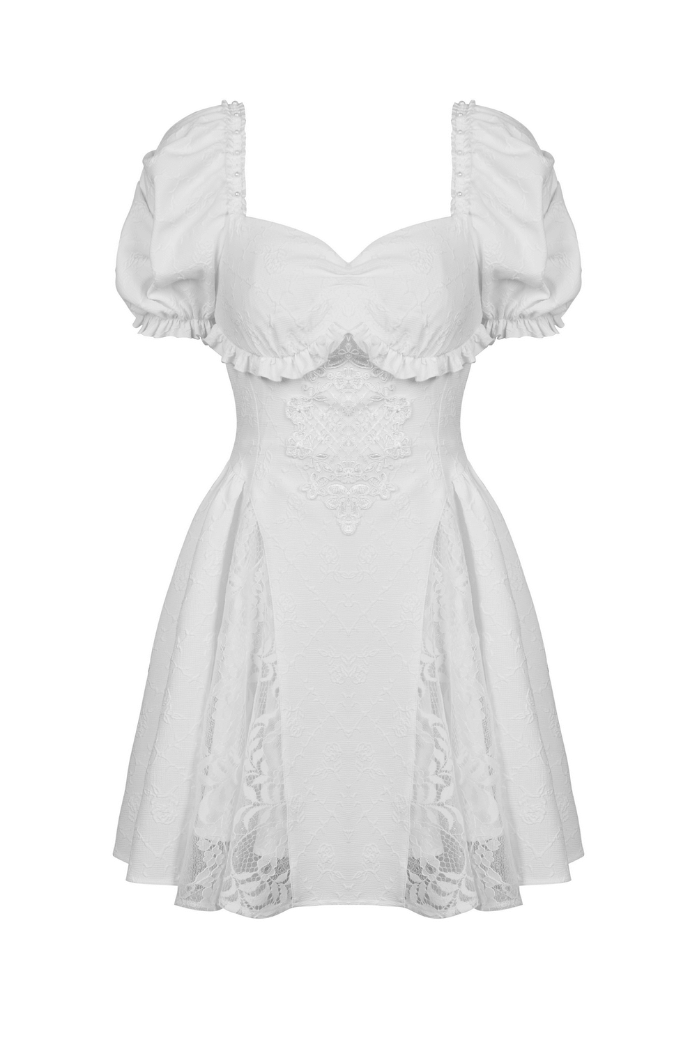 Elegant white dress with lace detail and puff sleeves, perfect for weddings and special occasions.