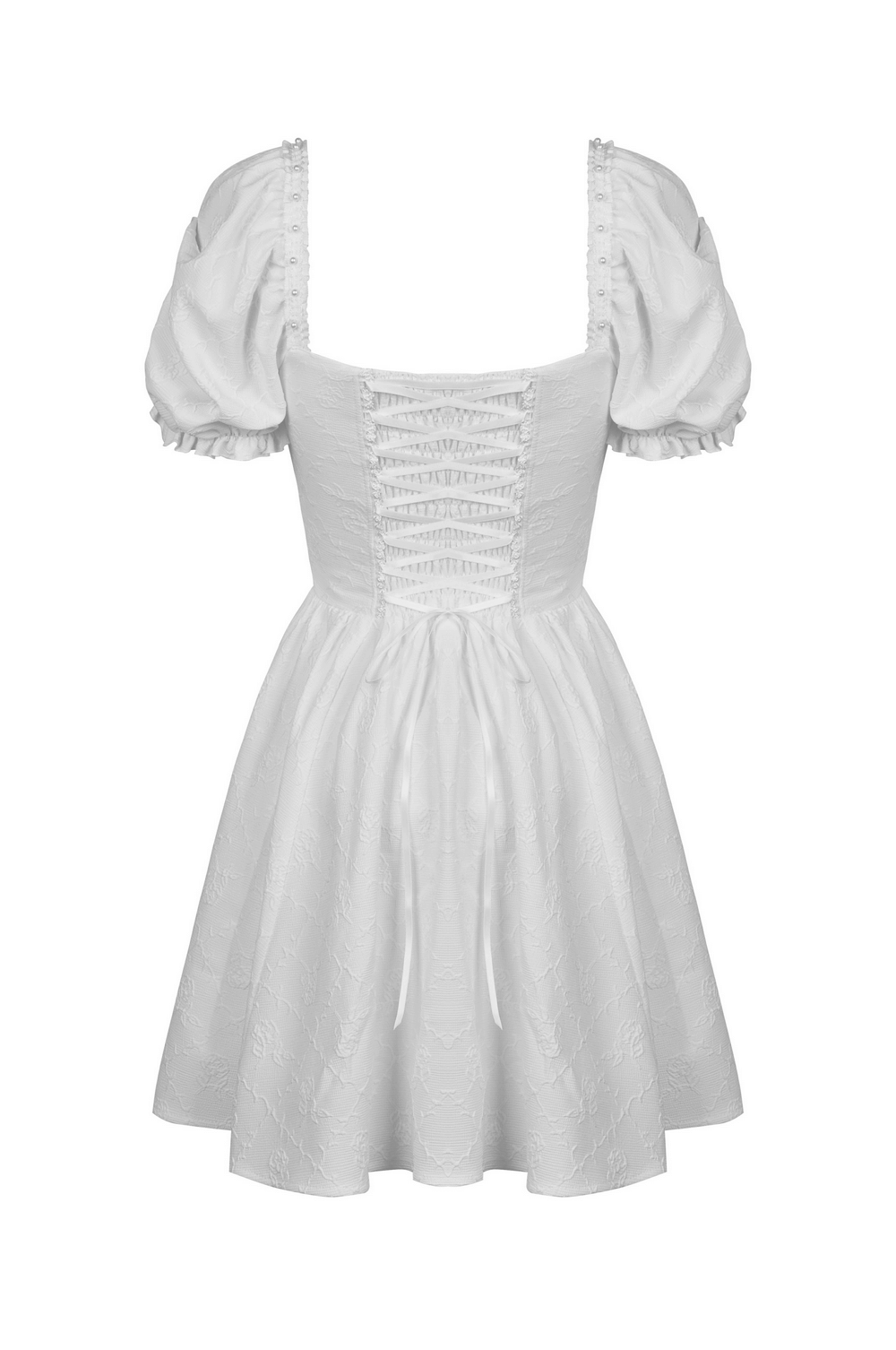 Elegant White Dress with Lace Detail and Puff Sleeves