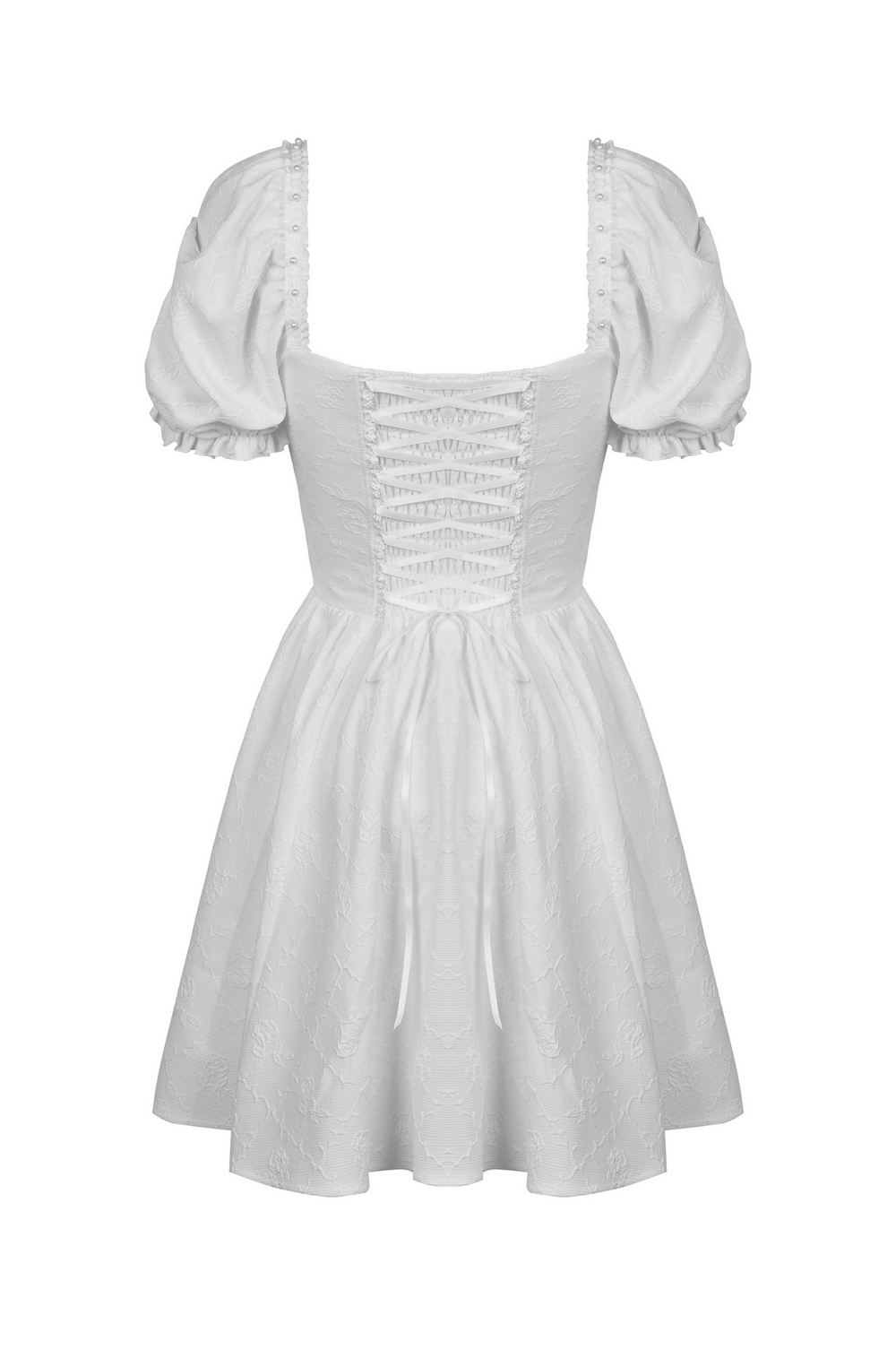 Elegant white dress with lace detail and puff sleeves, perfect for weddings and special occasions.