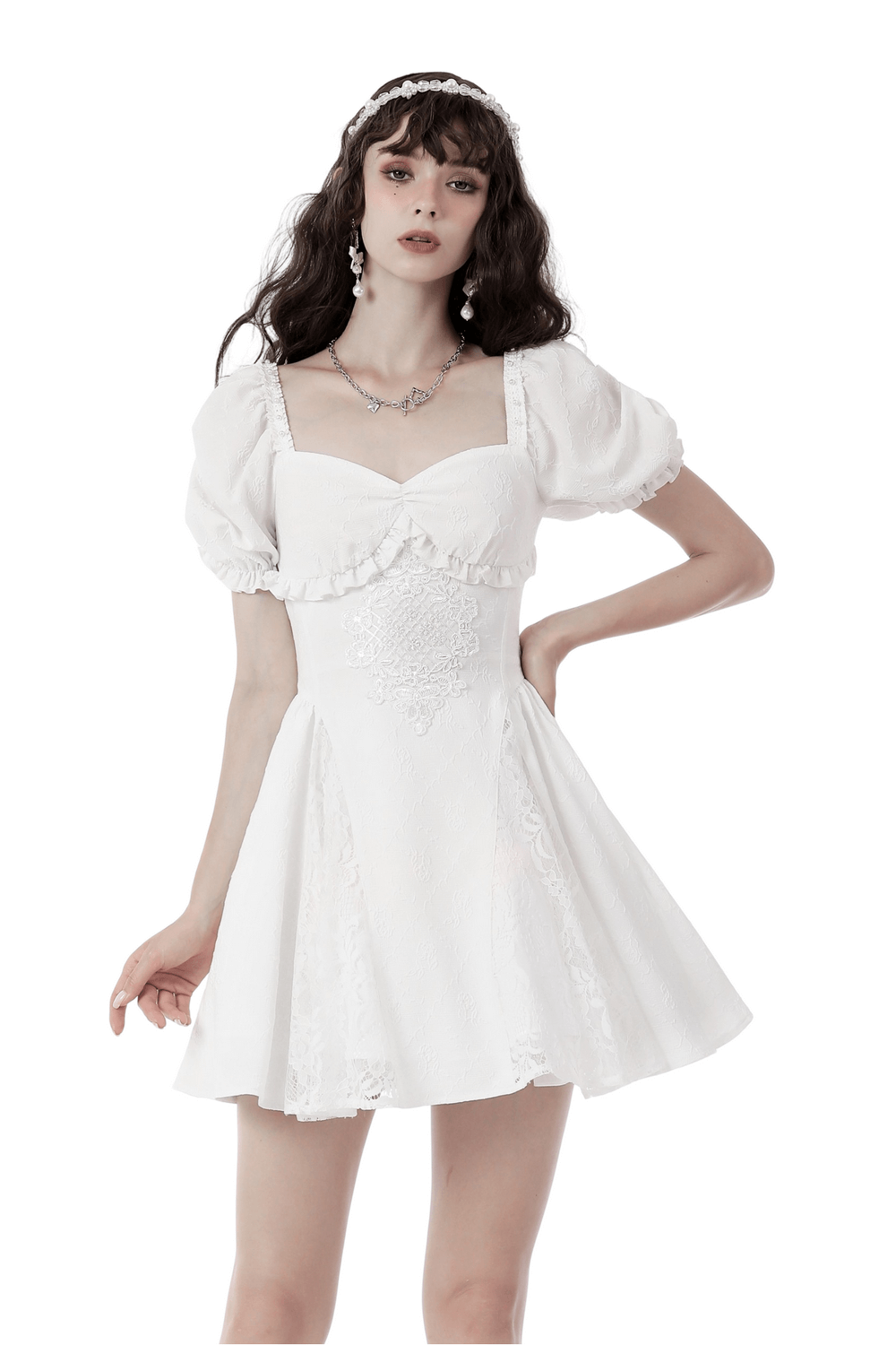 Elegant white dress with lace, puff sleeves, and floral embroidery, perfect for bridal and special occasions.