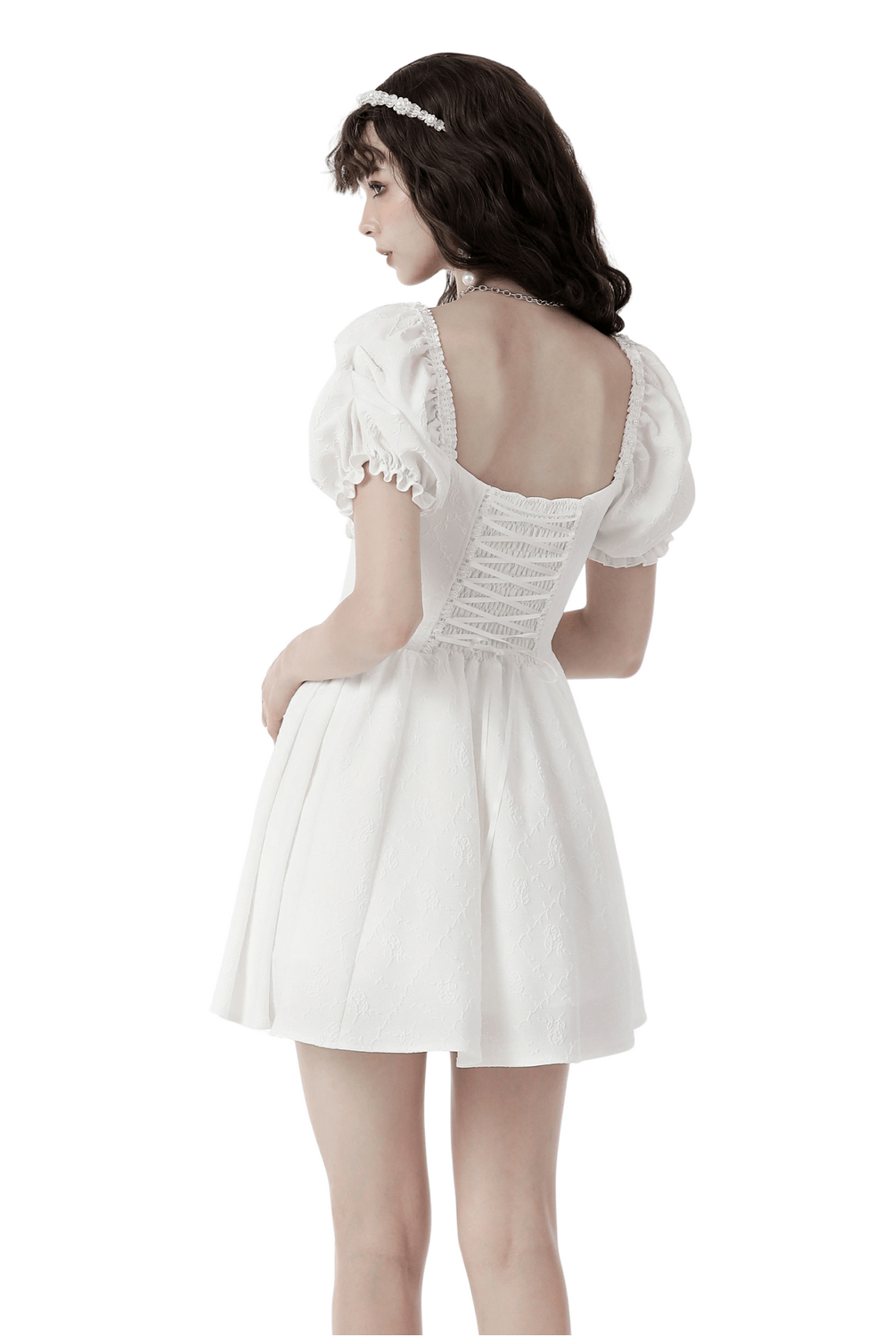 Elegant White Dress with Lace Detail and Puff Sleeves