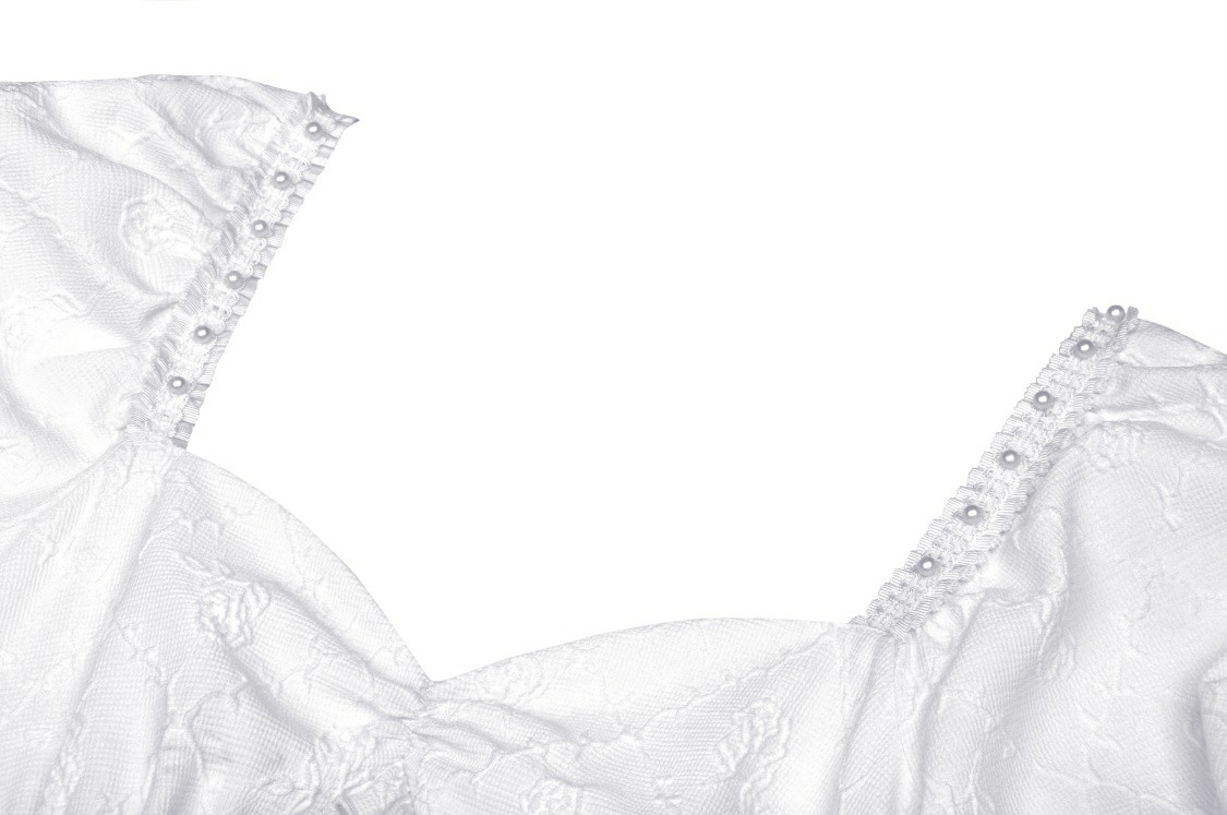 Elegant white dress neckline with lace detail and pearl accents, perfect for bridal and special occasions.