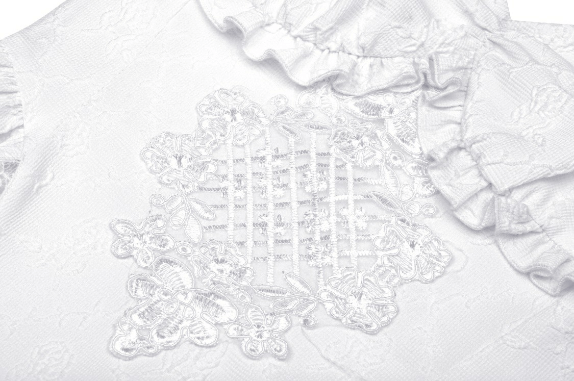 Close-up of intricate white lace detailing on elegant dress with ruffled sleeves, perfect for bridal wear.