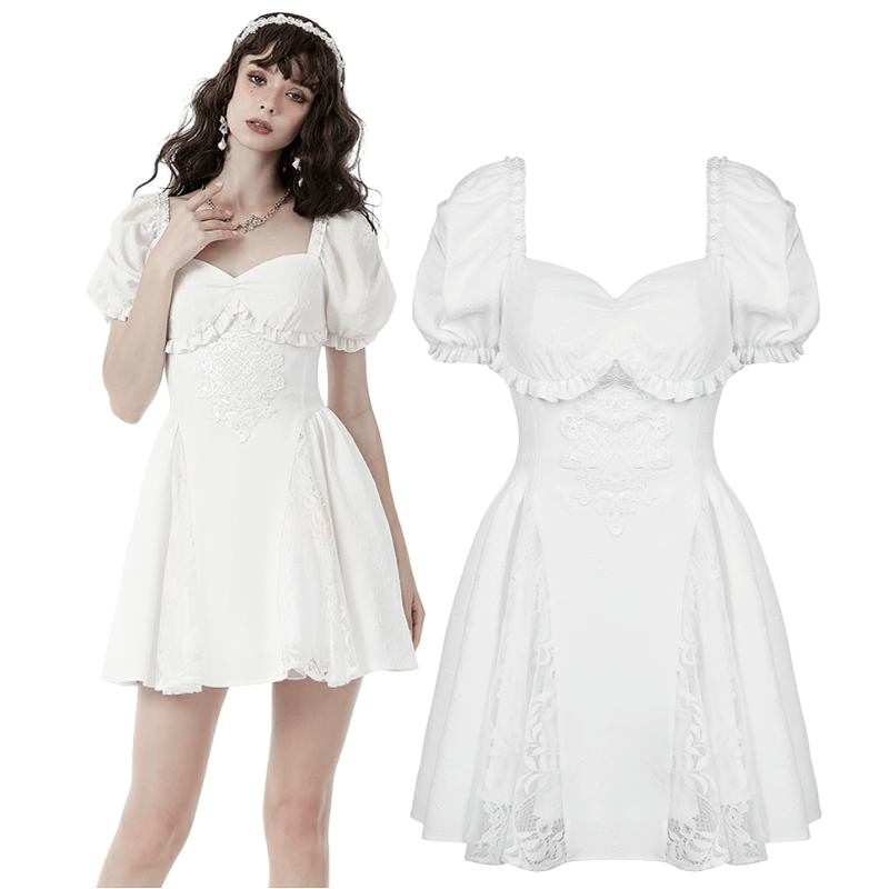 Elegant white dress with lace detail, puff sleeves, and floral embroidery, perfect for weddings and special occasions.