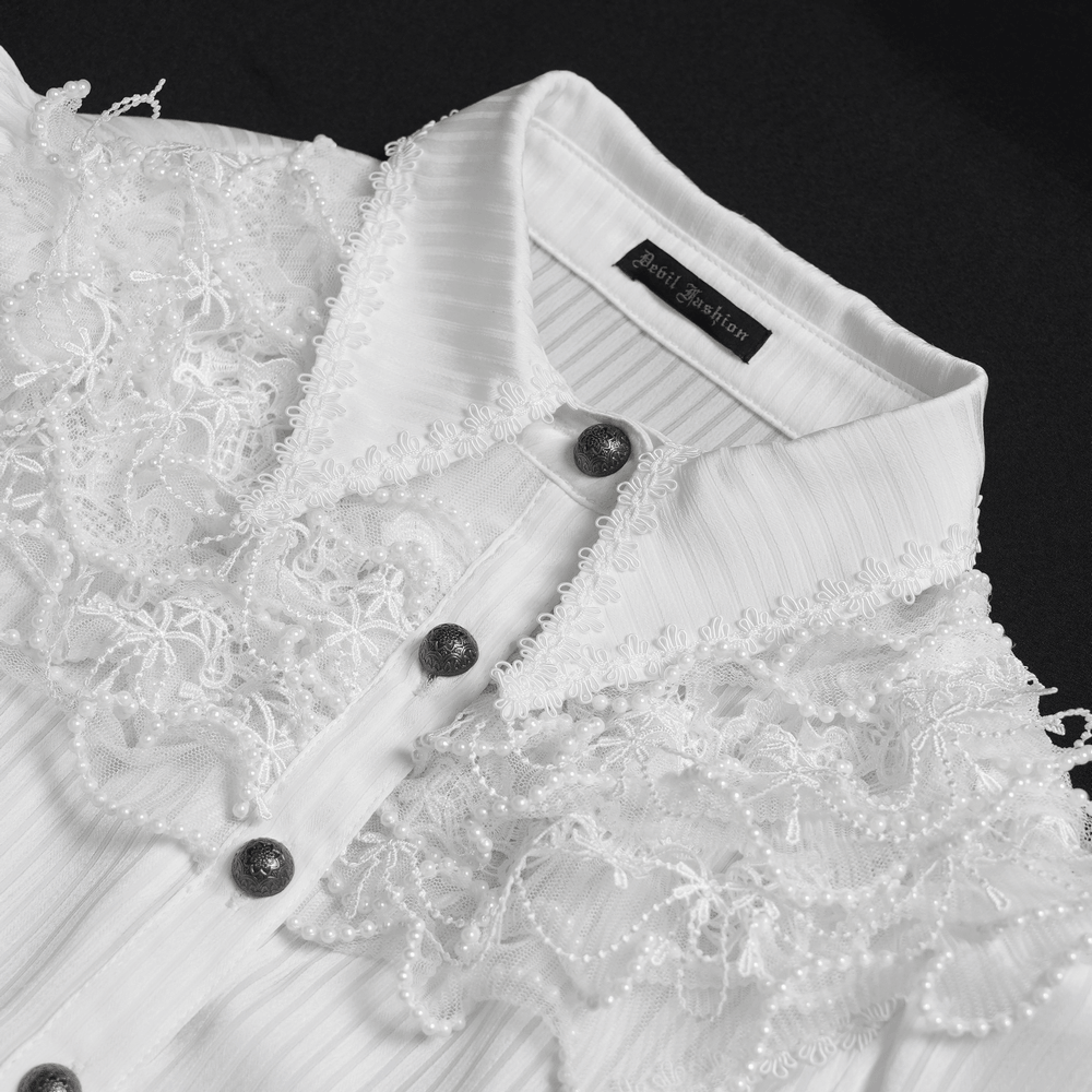 Elegant White Gothic Victorian Ruffle Sleeve Blouse close-up featuring lace details and buttoned collar.