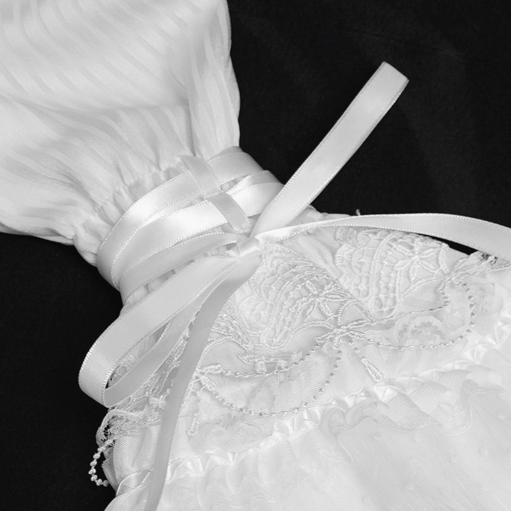 Elegant White Gothic Victorian Ruffle Sleeve Blouse with lace and ribbon detail.