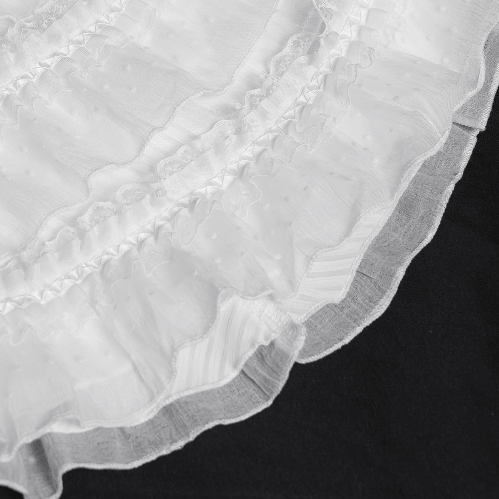 Elegant White Gothic Victorian Ruffle Sleeve Blouse close-up of tiered ruffle detailing showcasing intricate lace design.
