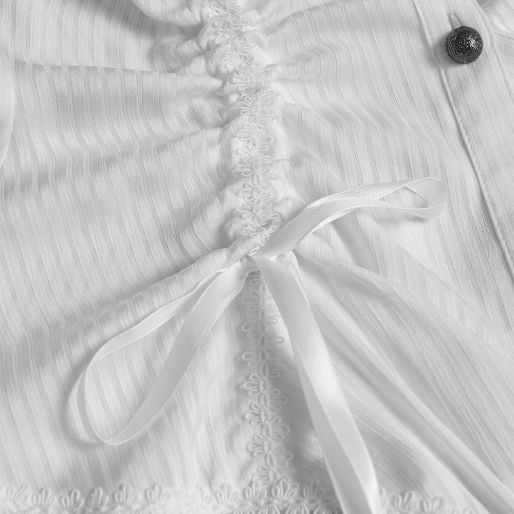 Elegant White Gothic Victorian Ruffle Sleeve Blouse with lace details and satin bow for a dramatic flair.