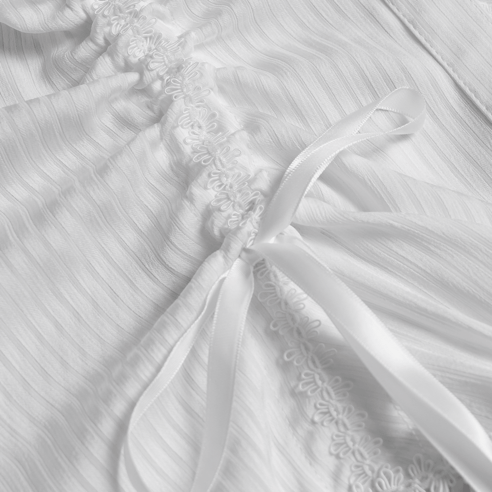Elegant White Gothic Victorian Ruffle Sleeve Blouse featuring lace trim and satin ribbon detail.