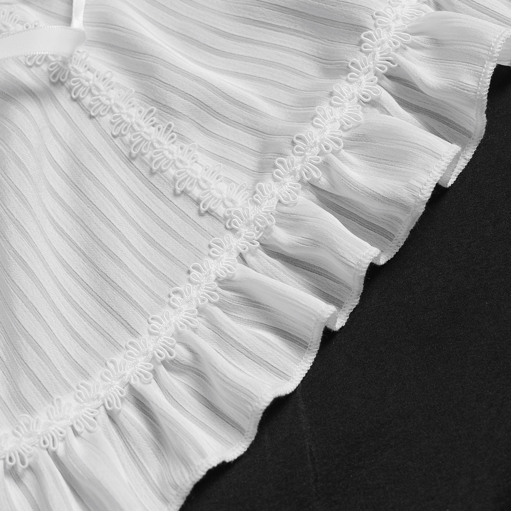 Elegant White Gothic Victorian Ruffle Sleeve Blouse with intricate lace detailing and tiered ruffle cuffs.