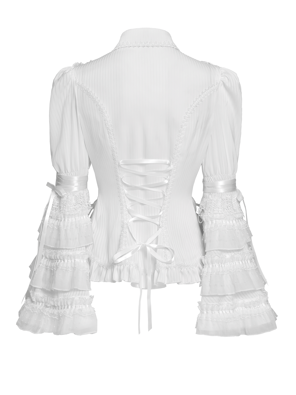 Elegant White Gothic Victorian Ruffle Sleeve Blouse featuring a lace-up back and tiered ruffle bell sleeves.