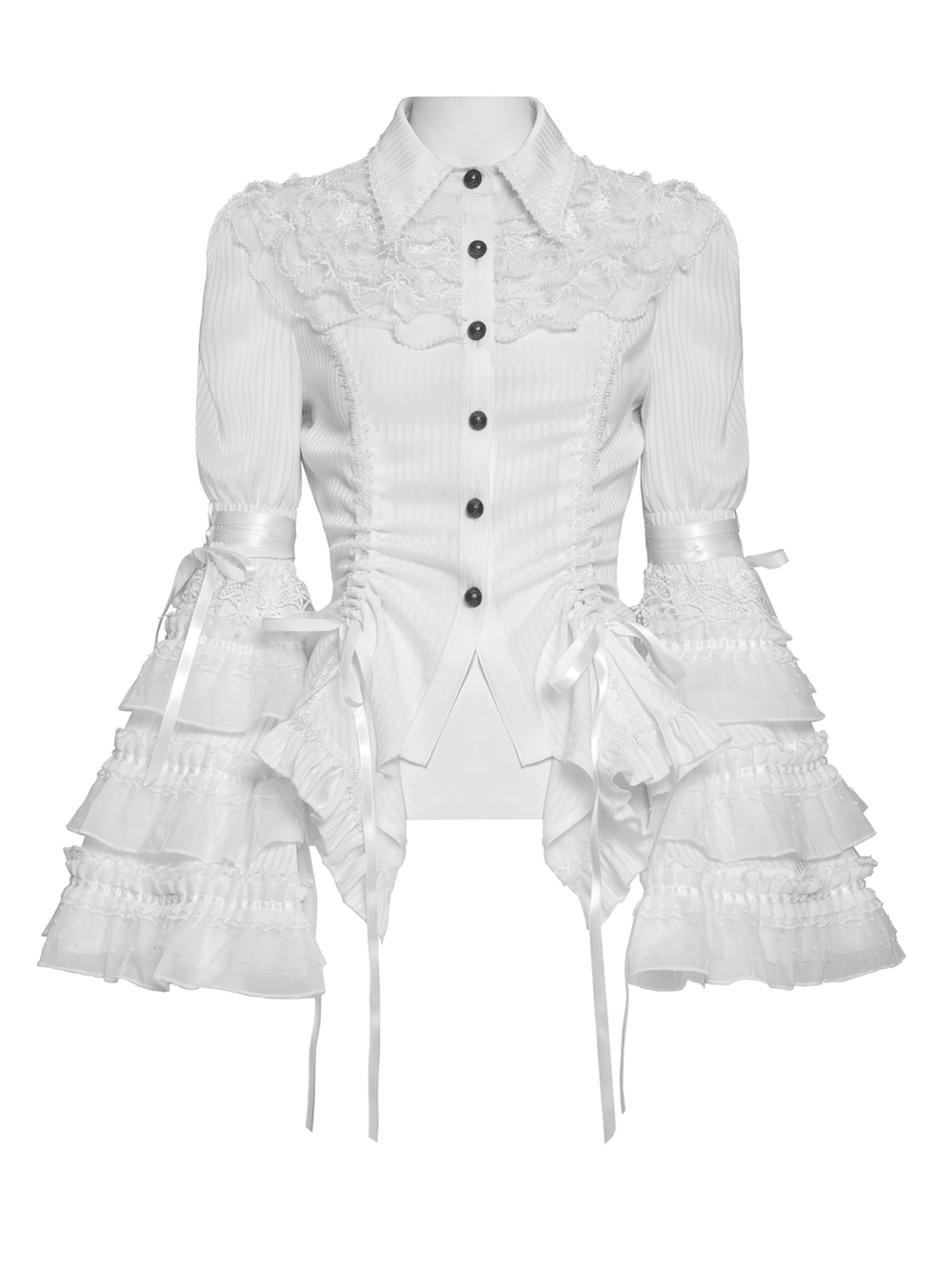 Elegant White Gothic Victorian Ruffle Sleeve Blouse featuring lace yoke and tiered cuffs, perfect for a dramatic wardrobe.