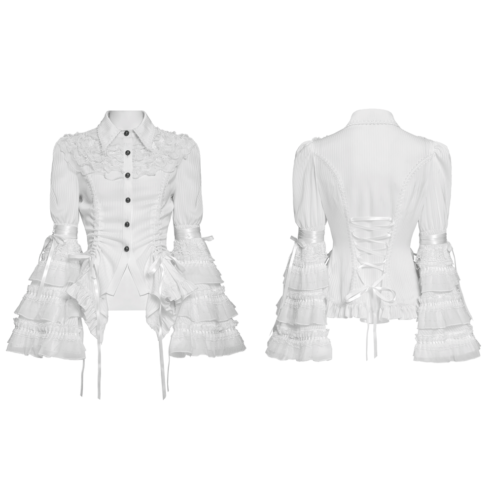 Elegant White Gothic Victorian Ruffle Sleeve Blouse showcasing lace yoke, tiered ruffle sleeves, and corset back.