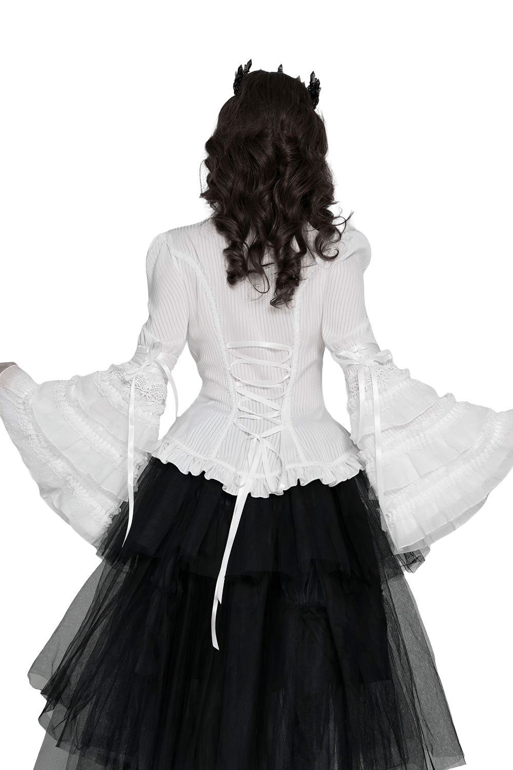 Elegant White Gothic Victorian Ruffle Sleeve Blouse showcasing the lace corset back and tiered ruffle bell sleeves.