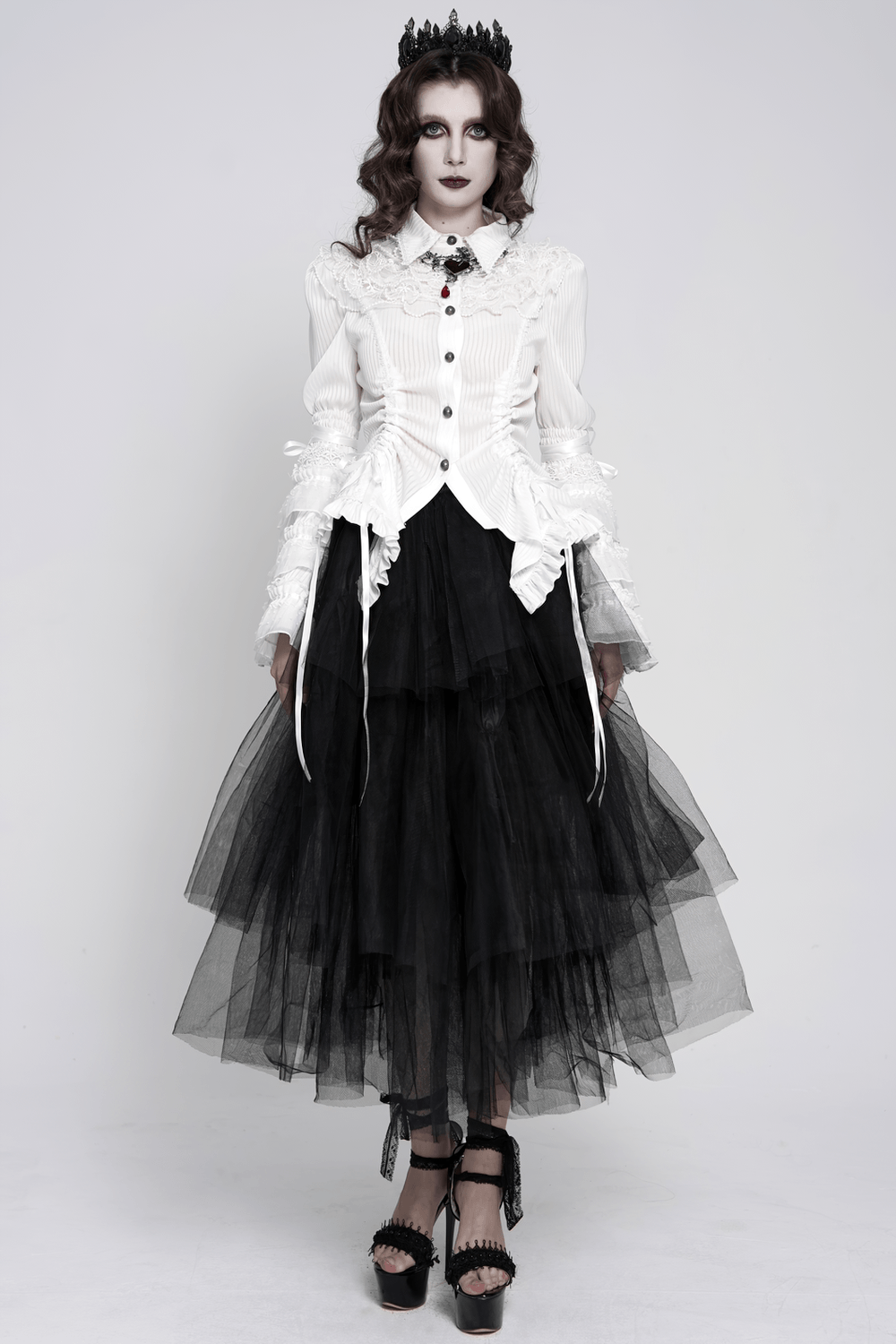 Elegant White Gothic Victorian Ruffle Sleeve Blouse styled with a black tulle skirt and gothic accessories.