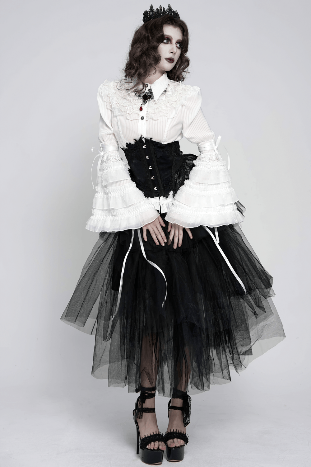 Elegant White Gothic Victorian Ruffle Sleeve Blouse worn with a black corset and tulle skirt, showcasing dramatic Lolita fashion.