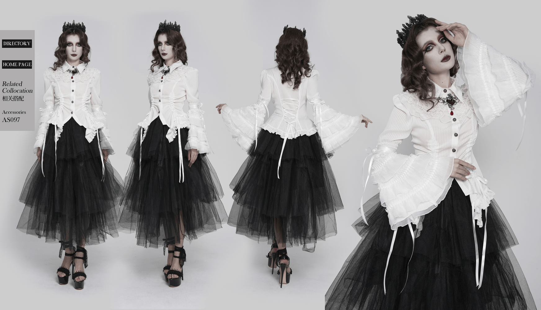 Elegant White Gothic Victorian Ruffle Sleeve Blouse showcased with dramatic black tulle skirt and styled accessories.