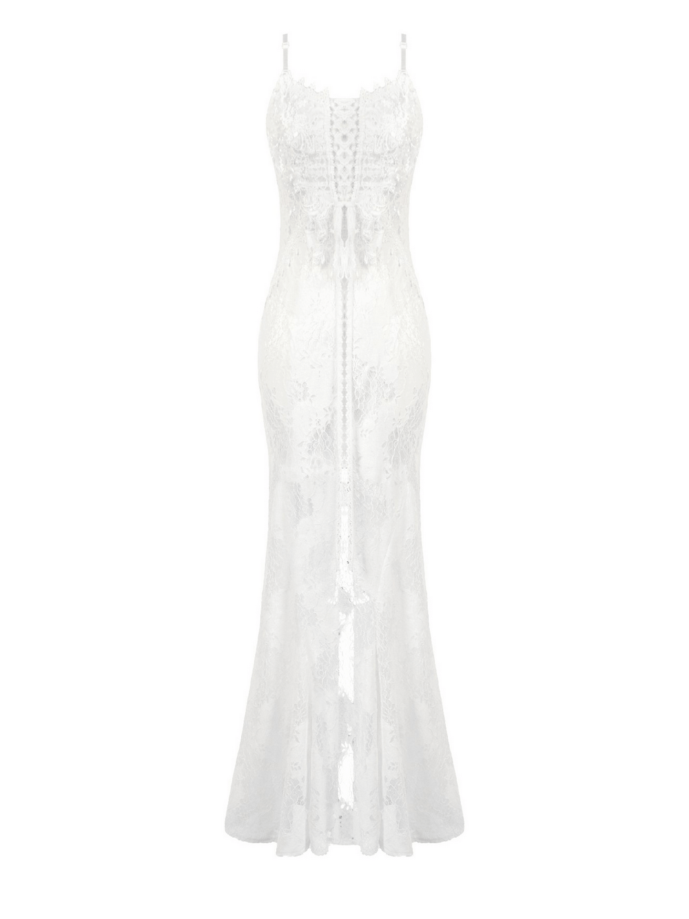 Elegant White Lace Gothic Dress with Spaghetti Straps showcasing intricate lace and a flattering silhouette.