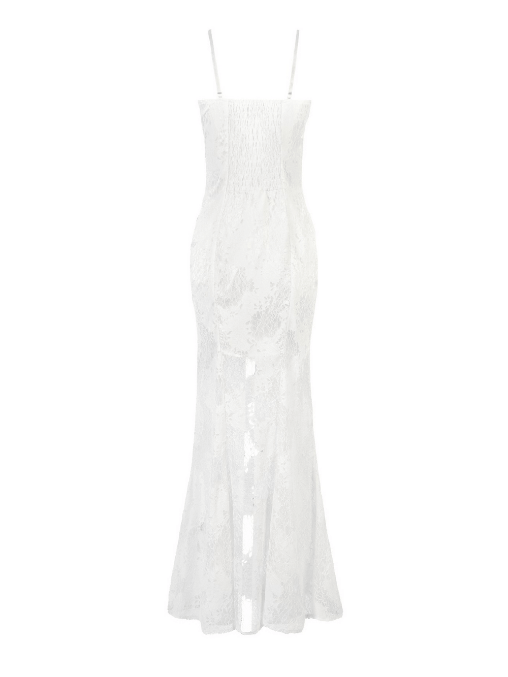 Elegant White Lace Gothic Dress with Spaghetti Straps showcasing intricate lace detailing and a flattering silhouette.