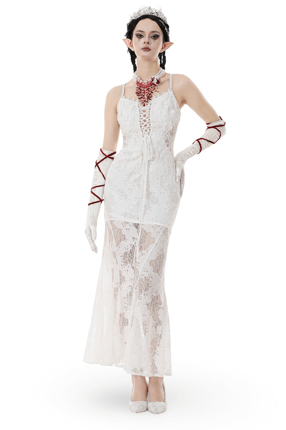 Elegant White Lace Gothic Dress with Spaghetti Straps on a model, featuring lace detailing and a corset style.