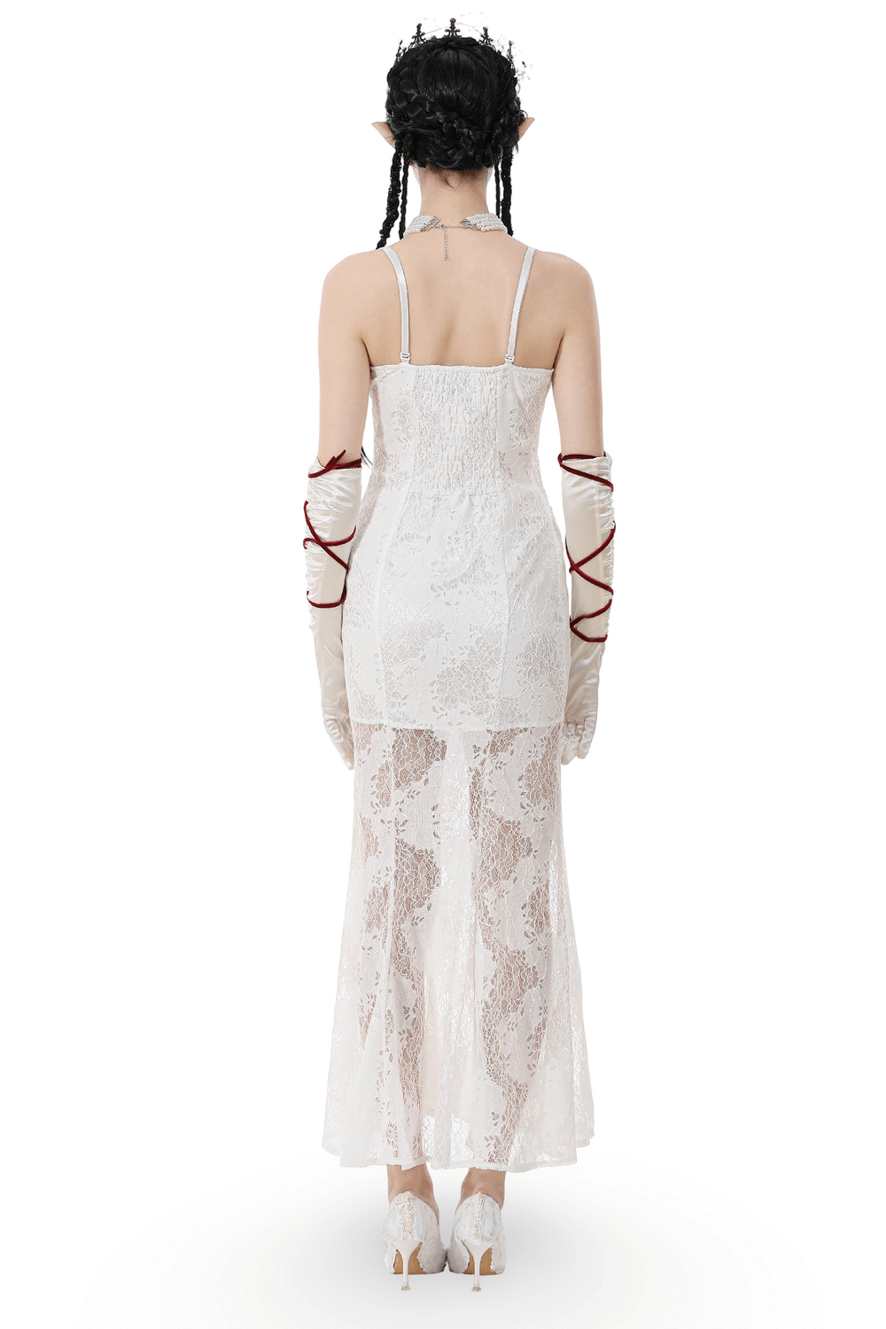 Elegant White Lace Gothic Dress with Spaghetti Straps showcasing a delicate lace design and corset fit from the back.