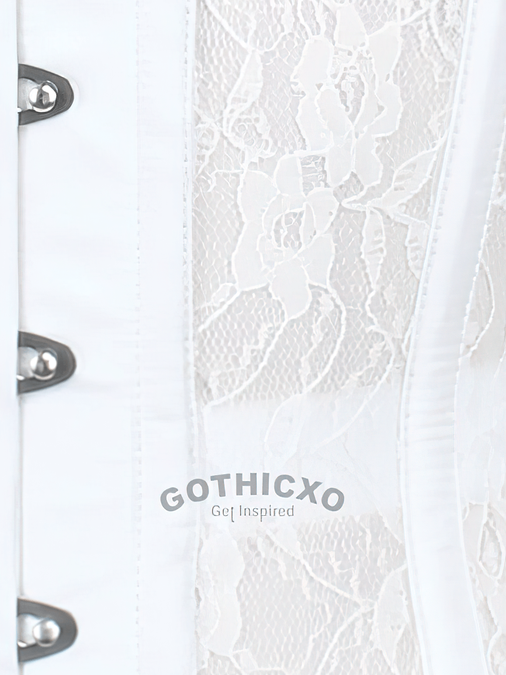 Elegant white lace long underbust corset featuring steel boning and front busk closure for waist training.