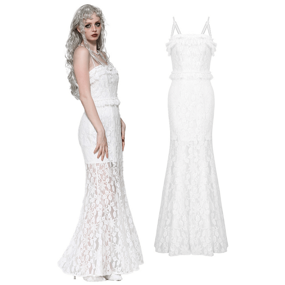 Elegant white lace mermaid dress with spaghetti straps and ruffled details, perfect for formal events and weddings.