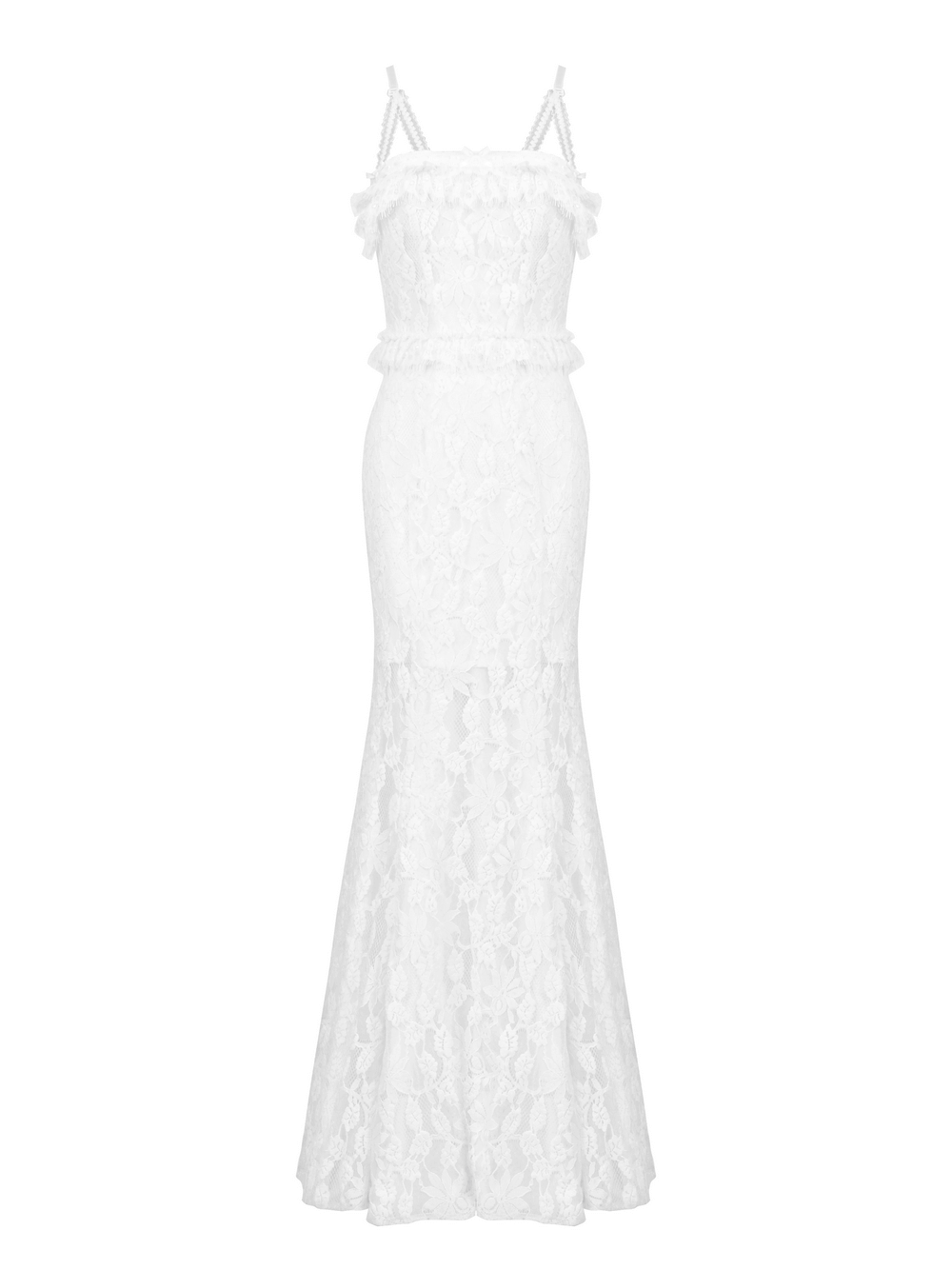 Elegant white lace mermaid dress with spaghetti straps and ruffled details, perfect for weddings and formal occasions.