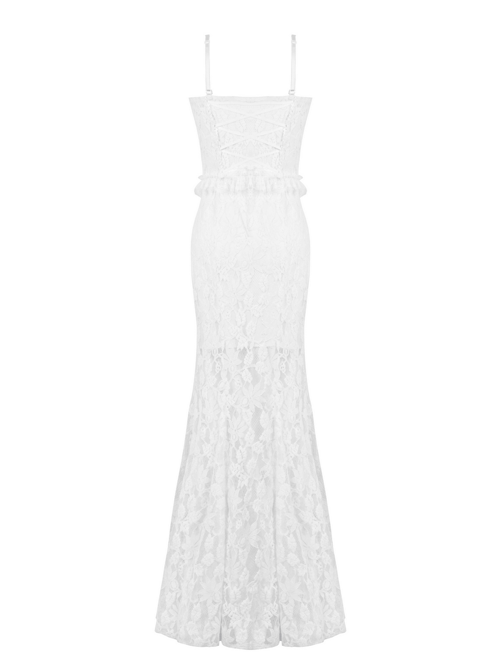 Elegant white lace mermaid dress with spaghetti straps and ruffled details, showcasing a fitted bodice and flared skirt.