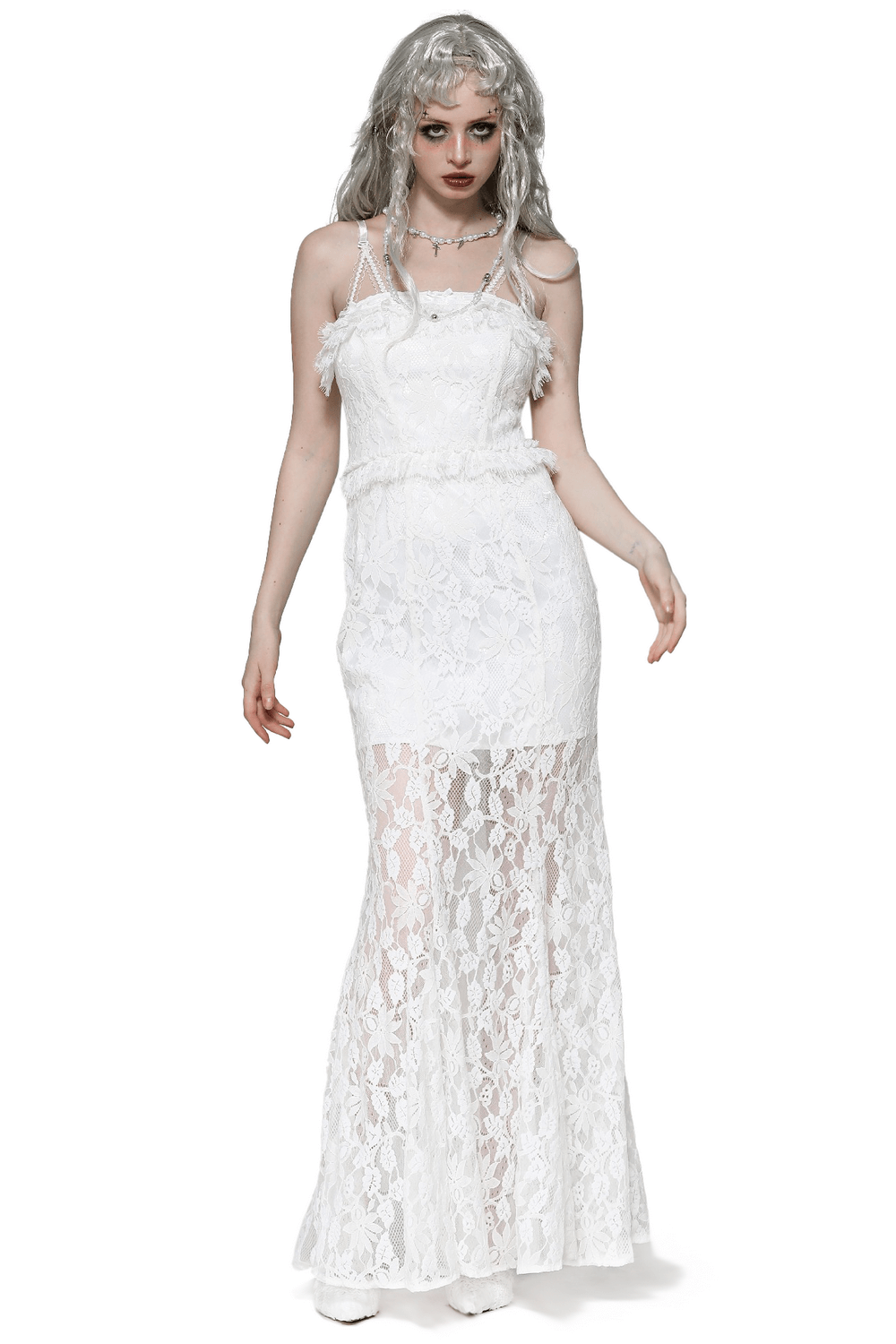 Elegant white lace mermaid dress with spaghetti straps and ruffled details, perfect for weddings and formal events.