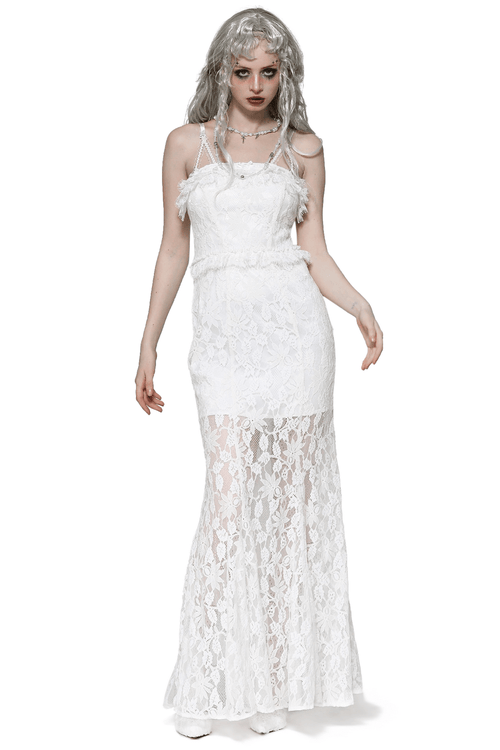 Elegant White Lace Mermaid Dress with Spaghetti Straps