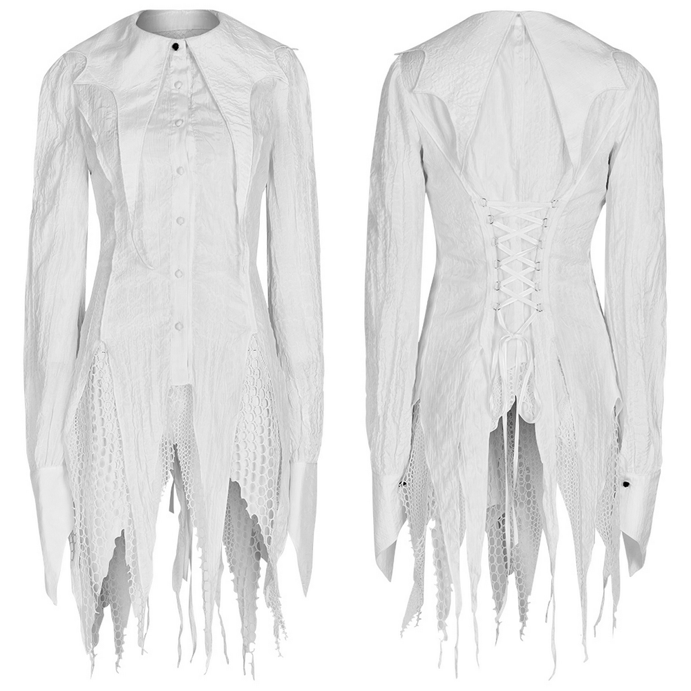Elegant White Lace Up Back Gothic Shirt with Mesh