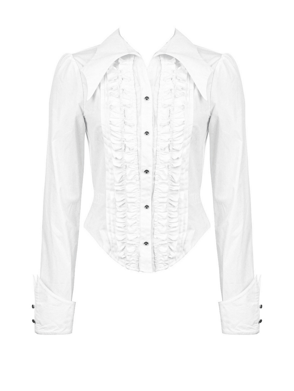 Elegant white ruffled blouse with button detailing and long sleeves, perfect for formal or casual occasions.