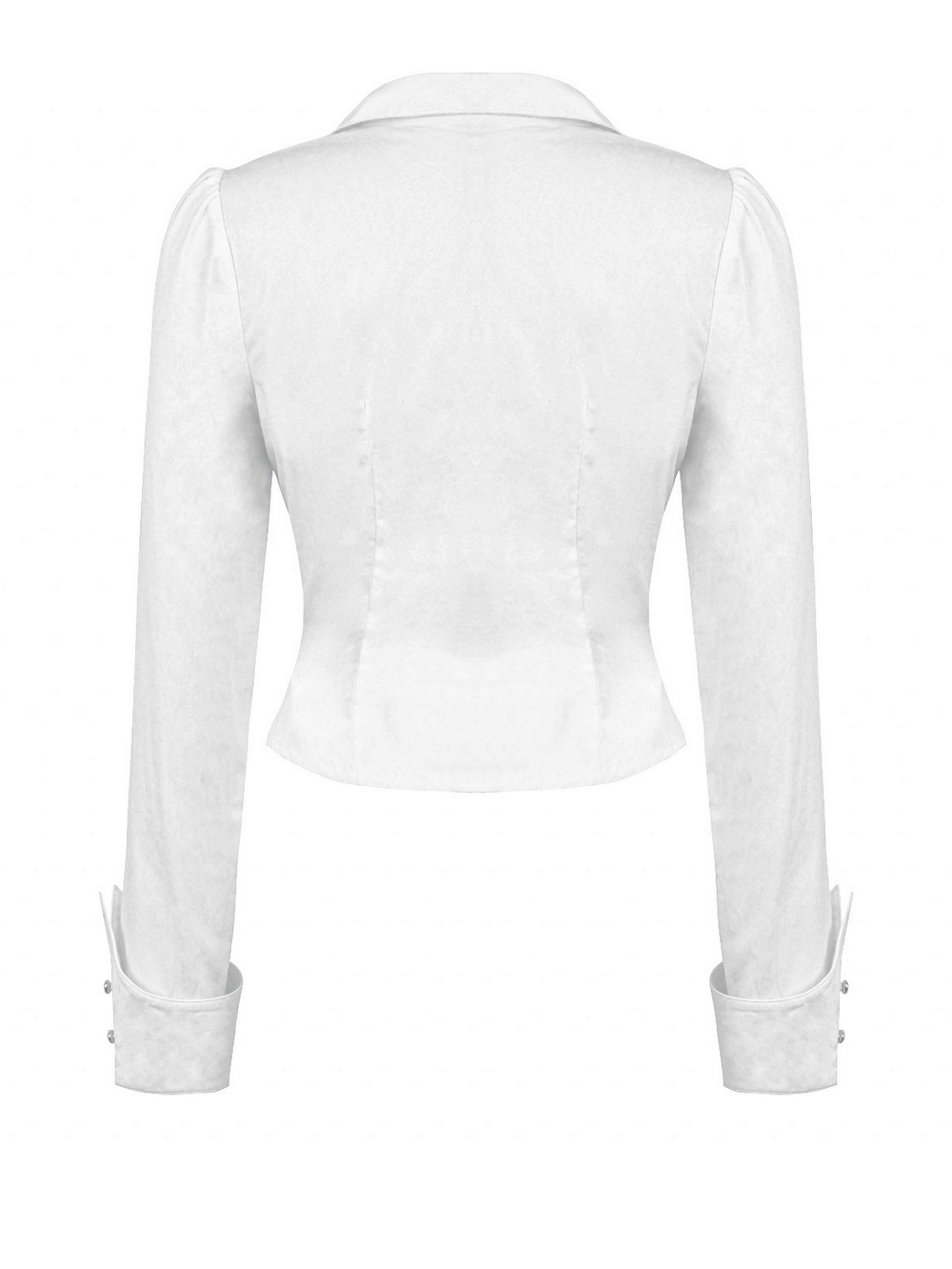 Back view of an elegant white blouse with long sleeves and button detailing, showcasing a tailored fit and sophisticated style.