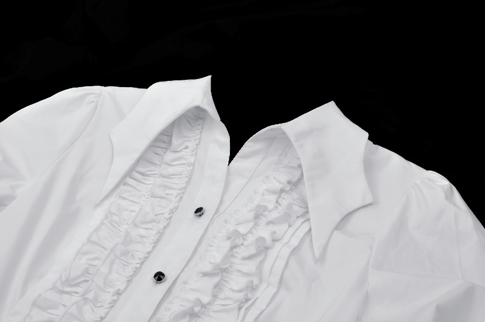 Elegant white ruffled blouse with button detailing and long sleeves, perfect for formal and casual occasions.