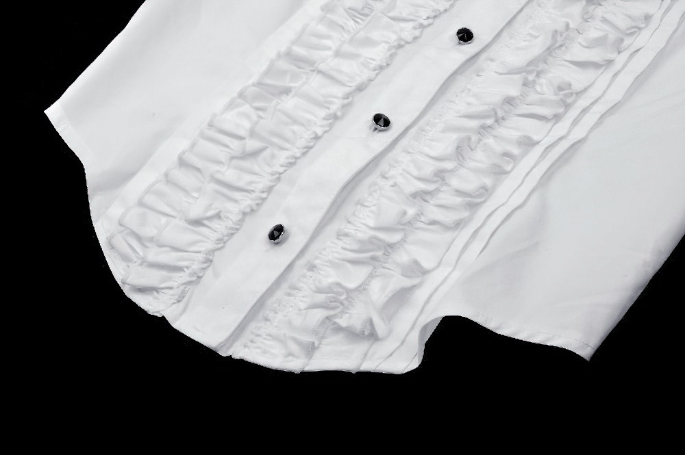 Elegant white ruffled blouse with button detailing, showcasing ruffle front and sleek design.