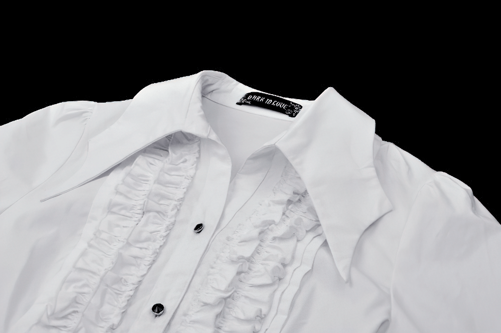 Elegant white blouse with ruffle front and button detailing, perfect for formal events and stylish casual wear.