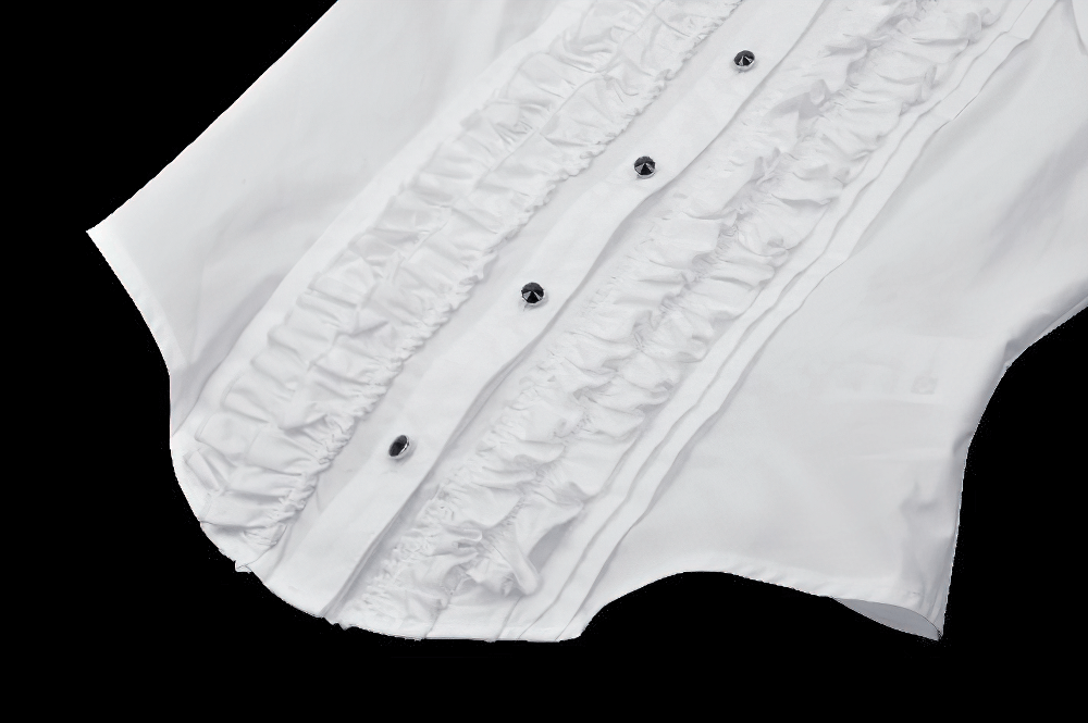 Elegant white blouse featuring ruffled front design and button detailing, perfect for chic and sophisticated occasions.