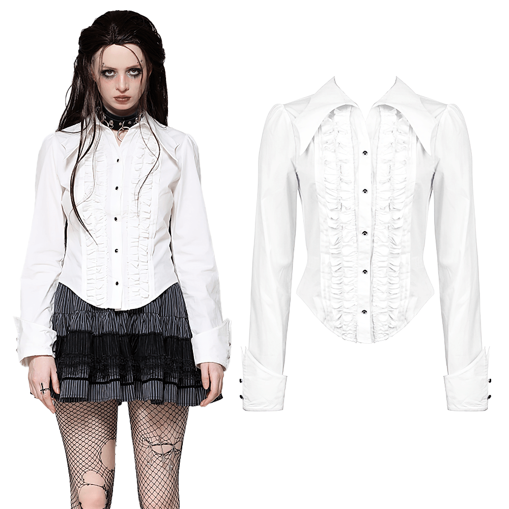 Elegant white ruffled blouse with button detailing, styled with a chic skirt and fishnet stockings.