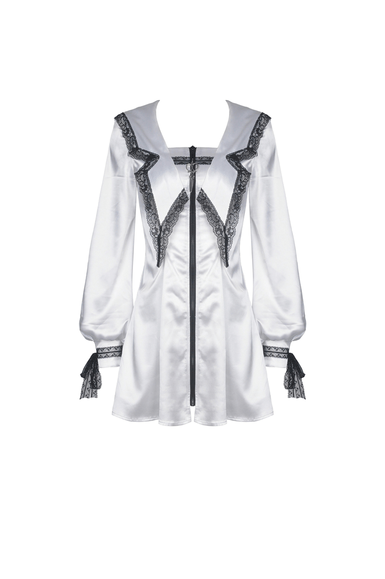 Elegant white satin mini dress with black lace detailing, showcasing modern sophistication and classic grace.