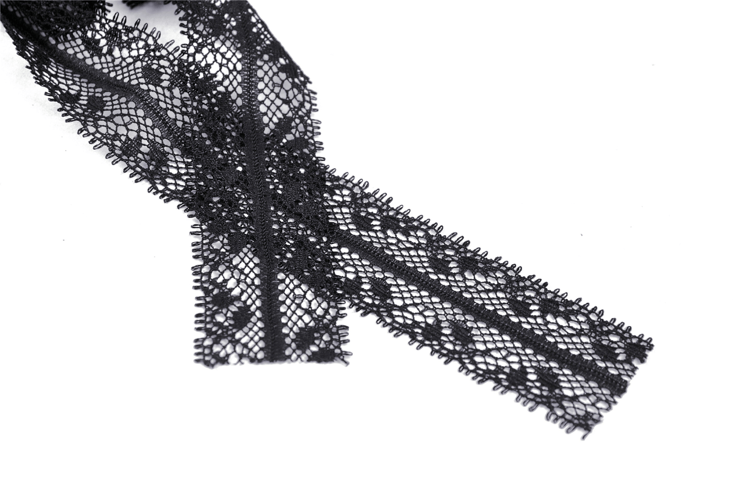 Delicate black lace ribbon with intricate floral patterns, perfect for adding elegance to any fashion piece.