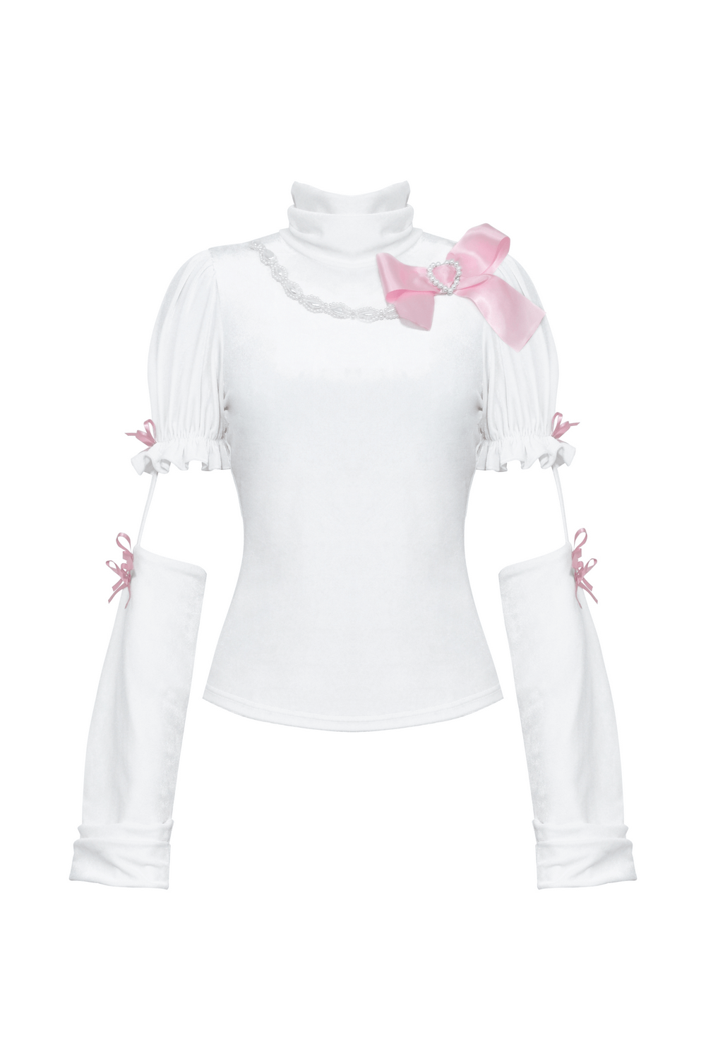 Elegant White Turtleneck Top with Pink Bow Accents
