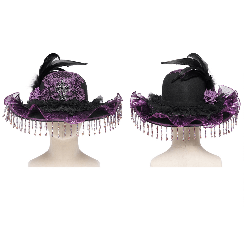 Elegant Wide Brim Hat with Lace Cross and Bead Fringe showcasing intricate lace, feathers and beaded fringe details.