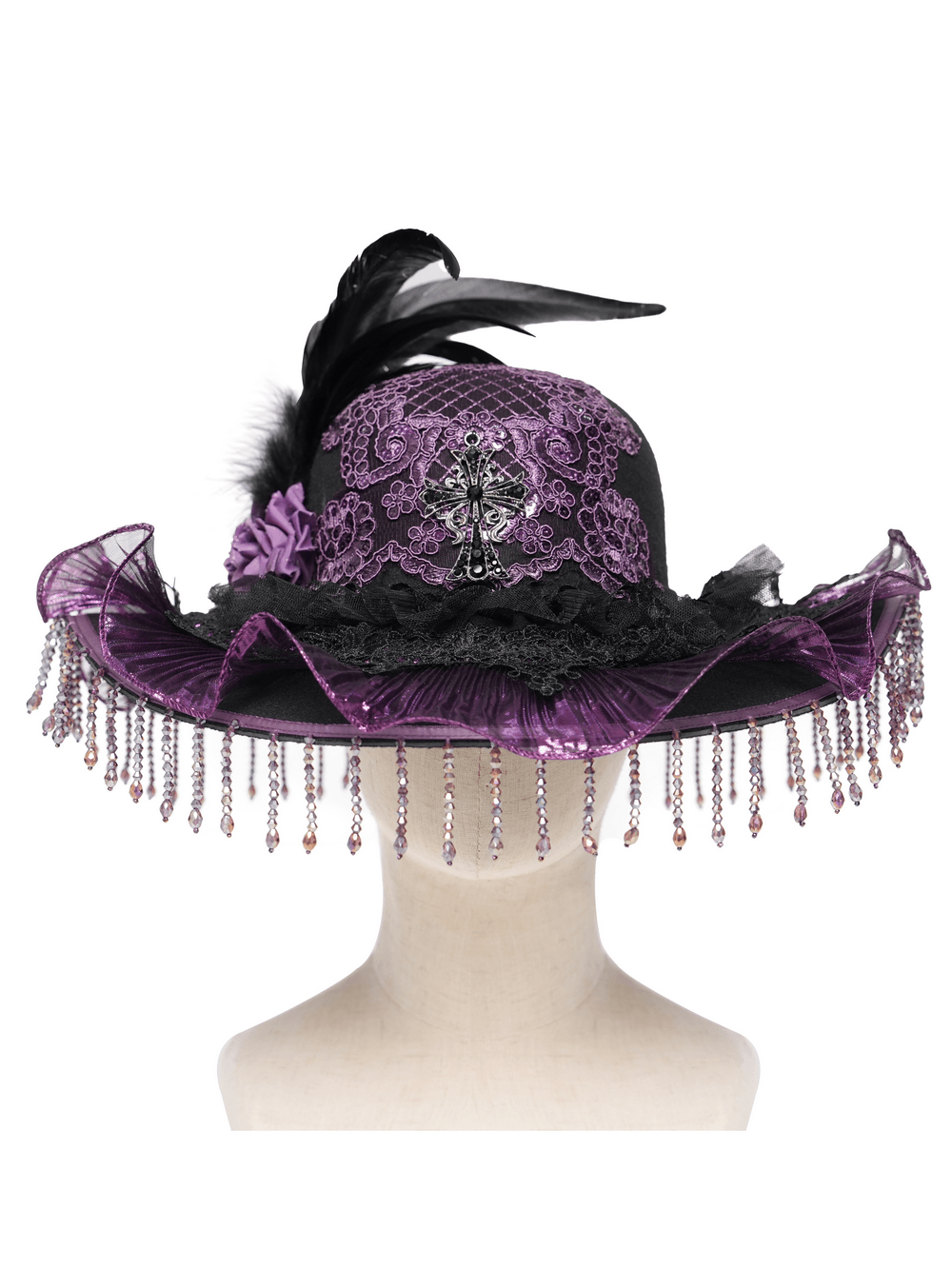 Elegant Wide Brim Hat with Lace Cross and Bead Fringe featuring feathers, lace, and beaded fringe.